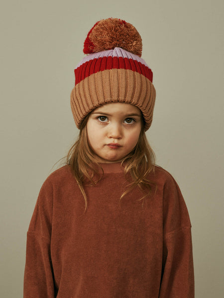Multicolor Beanie with Pompom, camel-red-lavender